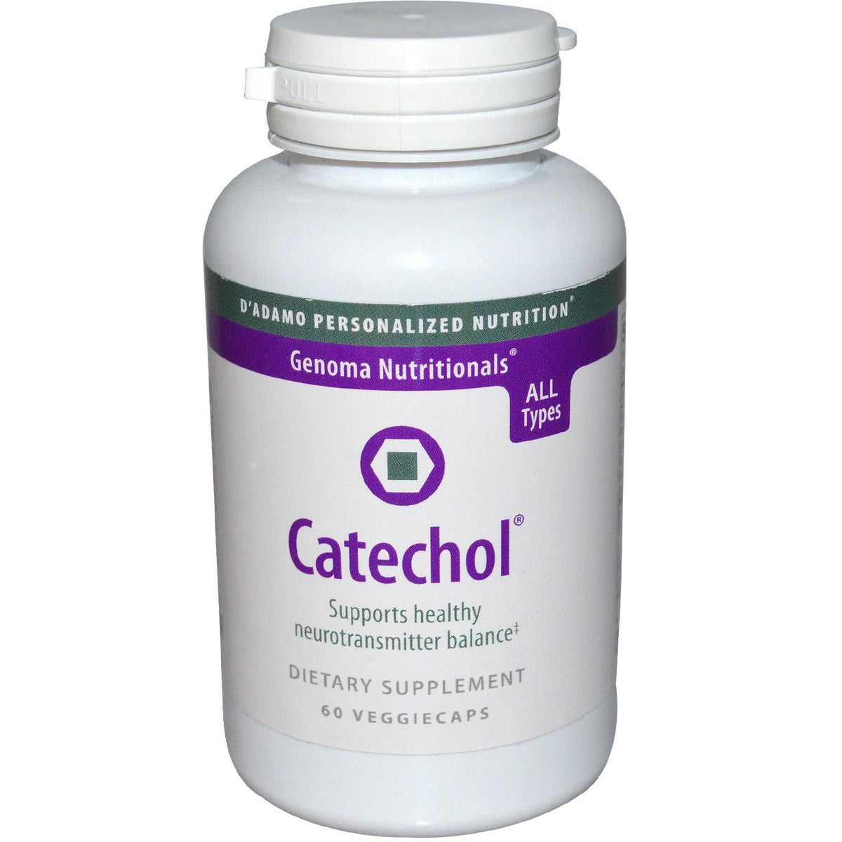D'Adamo Catechol 60 Vcaps bottle close-up, potential support for neurotransmitter balance.