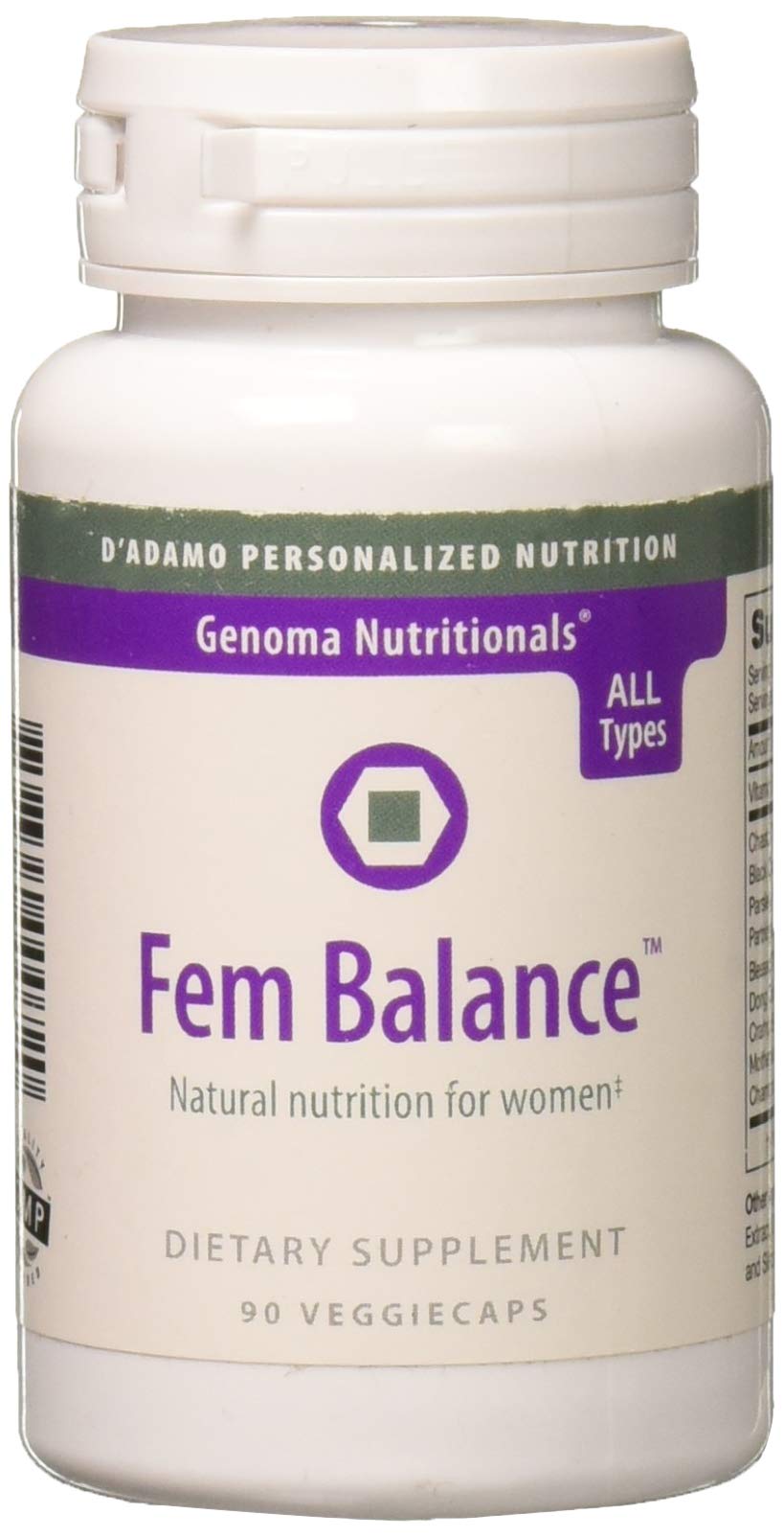 D'Adamo Fembalance bottle on a kitchen counter, a convenient daily multivitamin for women.