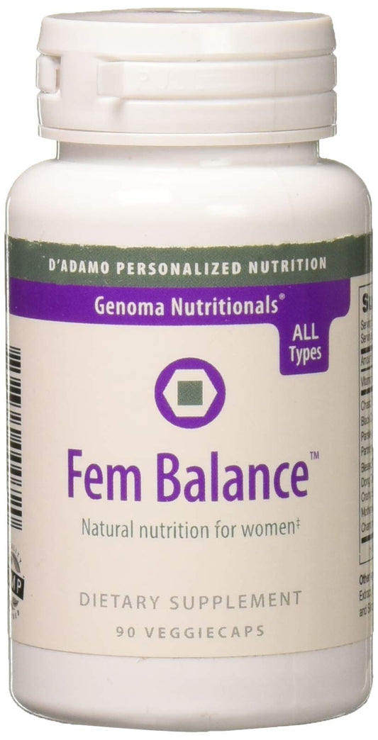 D'Adamo Fembalance bottle on a kitchen counter, a convenient daily multivitamin for women.