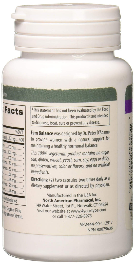 Close-up of D'Adamo Fembalance capsules highlighting a natural daily supplement for women.