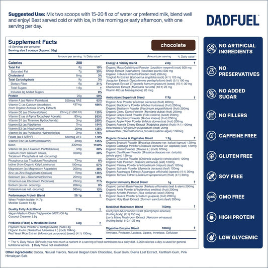 DADFUEL vanilla powder scoop highlights 25g protein for post-workout support.