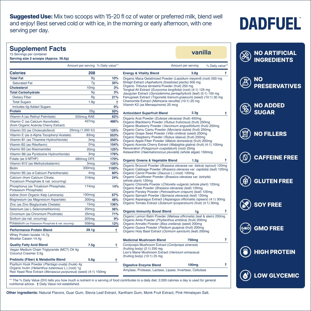 DADFUEL meal replacement powder jar highlights convenient high-protein option.