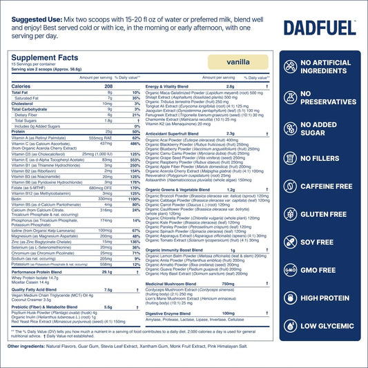 DADFUEL meal replacement powder jar highlights convenient high-protein option.