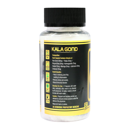 Daerveda Kala Gond Capsule II label closeup, natural ingredients including Jatamansi