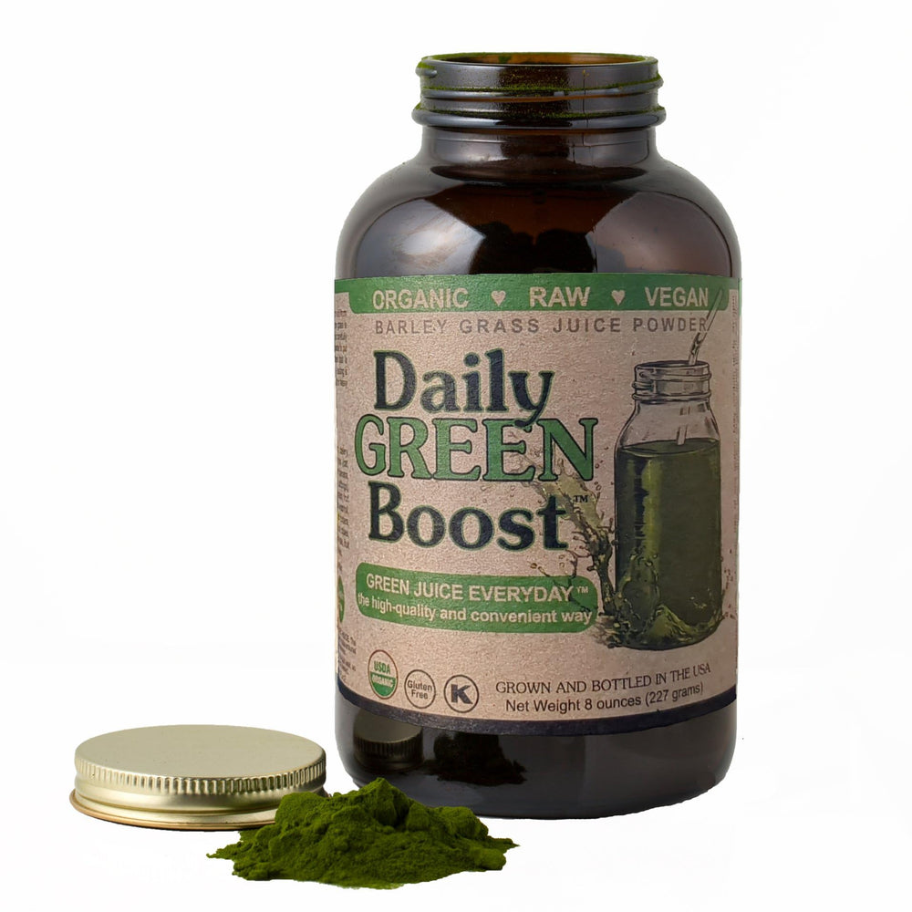 Daily Green Boost bottle front signaling organic, raw vegan wellness.