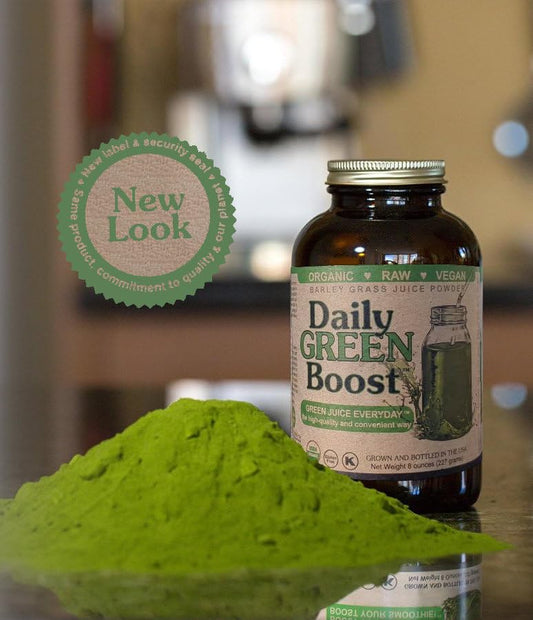 Daily Green Boost bottle label highlights 20x concentration and USA production.