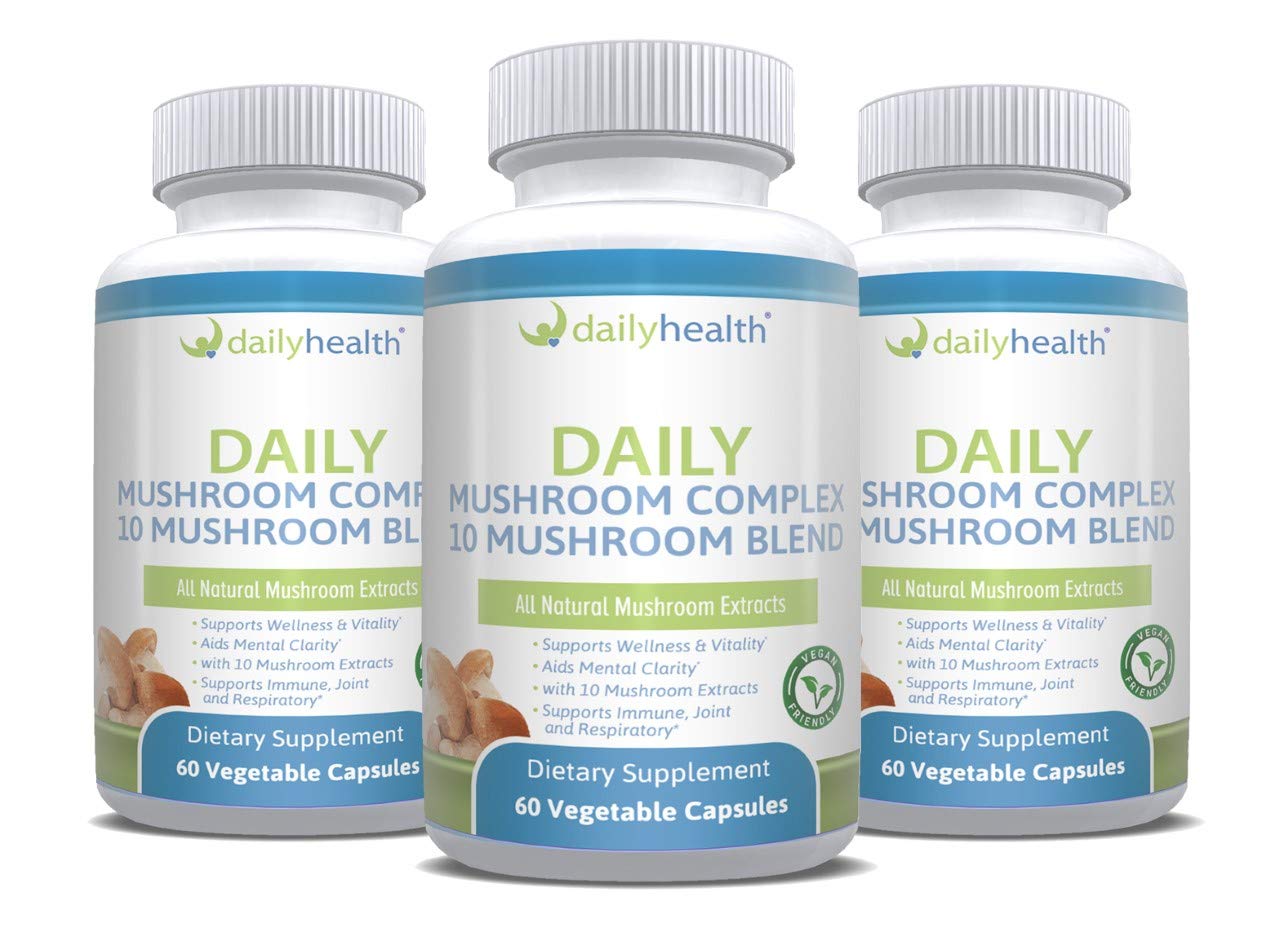 Daily Health 10 Mushroom Blend bottle for daily wellness routine.