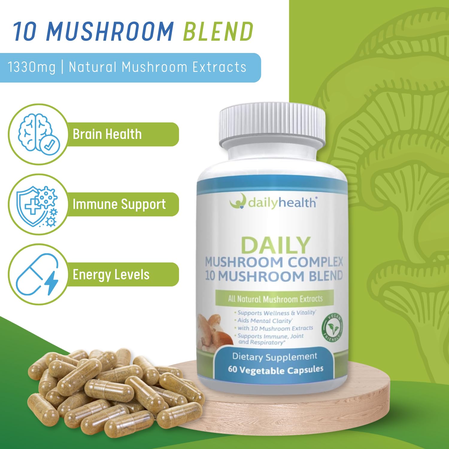 Daily Health 10 Mushroom Blend capsules close-up for convenient daily supplementation.