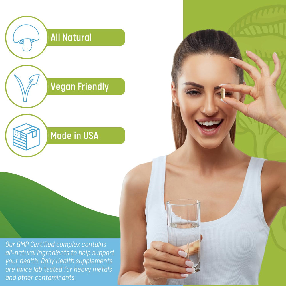 Daily Health 10 Mushroom Blend label close-up showing vegan and gluten-free features.