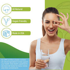 Daily Health 10 Mushroom Blend label close-up showing vegan and gluten-free features.
