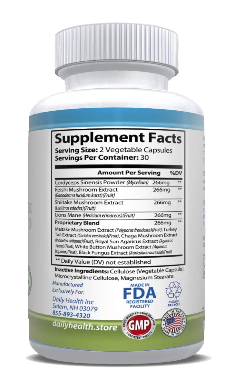 Daily Health 10 Mushroom Blend bottle on shelf for accessible wellness.