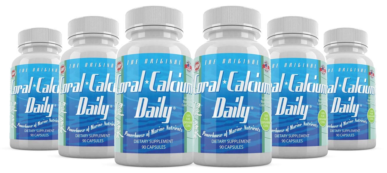 Daily Health Okinawa Coral Calcium bottle label highlights mineral content for bone support