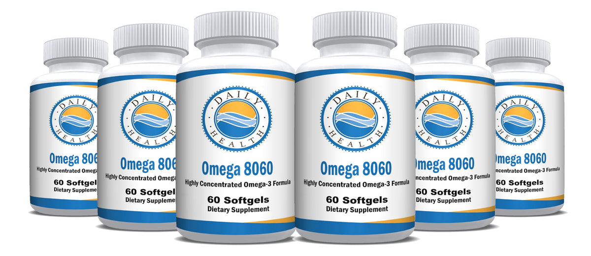 Daily Health Omega 8060 bottle front shows 60 softgels for daily use