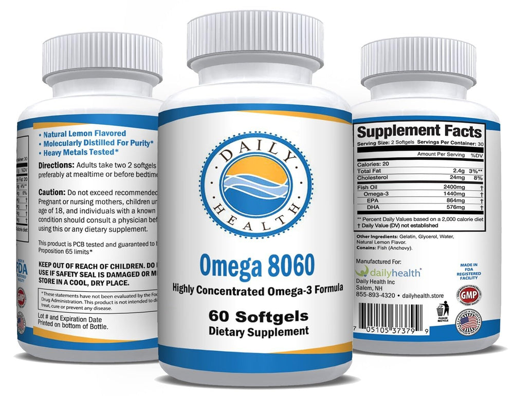 Omega 8060 label details underline molecular distillation and purity features