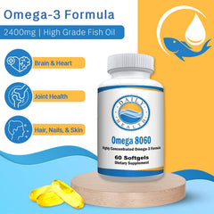 Third-party testing badge on Omega 8060 packaging signals quality assurance