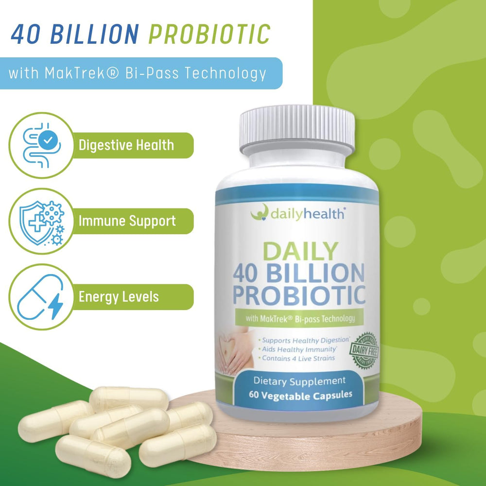 Daily Health probiotic capsules close-up highlighting MakTrek Bi-Pass technology.