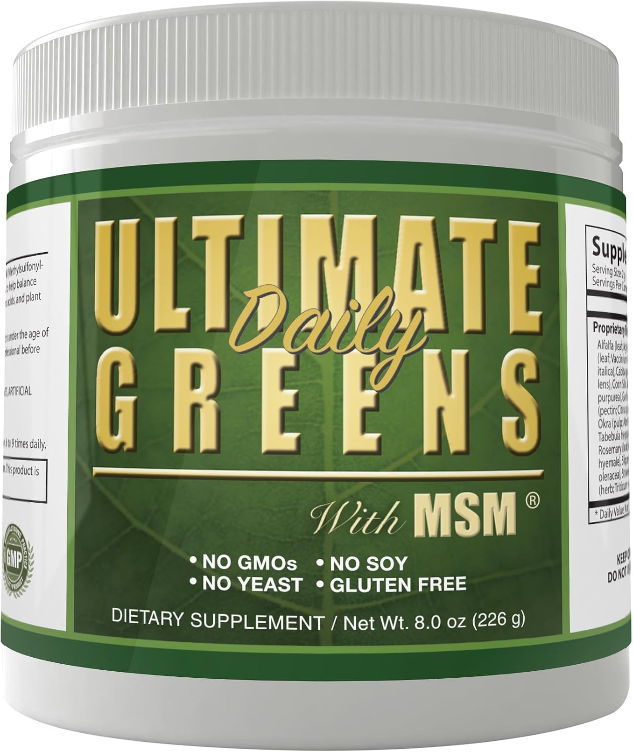 Daily Health Ultimate Daily Greens dietary-supplement-label highlights vegan gluten-free credentials.