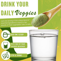 Daily Health Ultimate Daily Greens glass of water demonstrates quick greens-based hydration.
