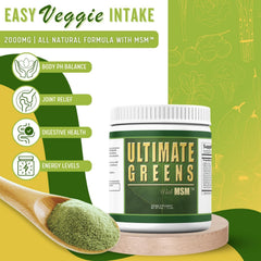 Daily Health Ultimate Daily Greens tub highlights gluten-free, no-GMO nutrients for easy daily greens.