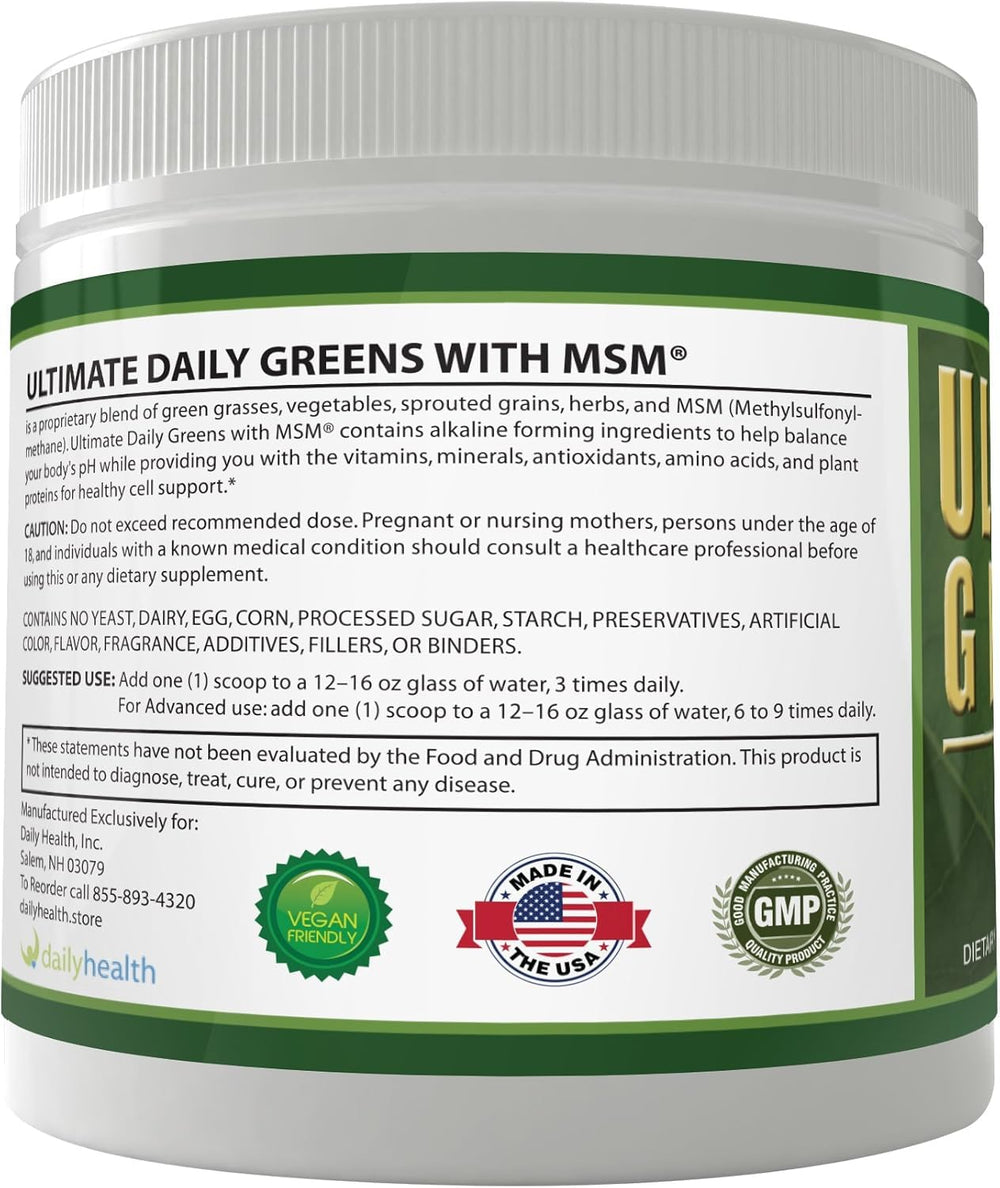 Daily Health Ultimate Daily Greens vegan badge on pack signals plant-based ingredients.