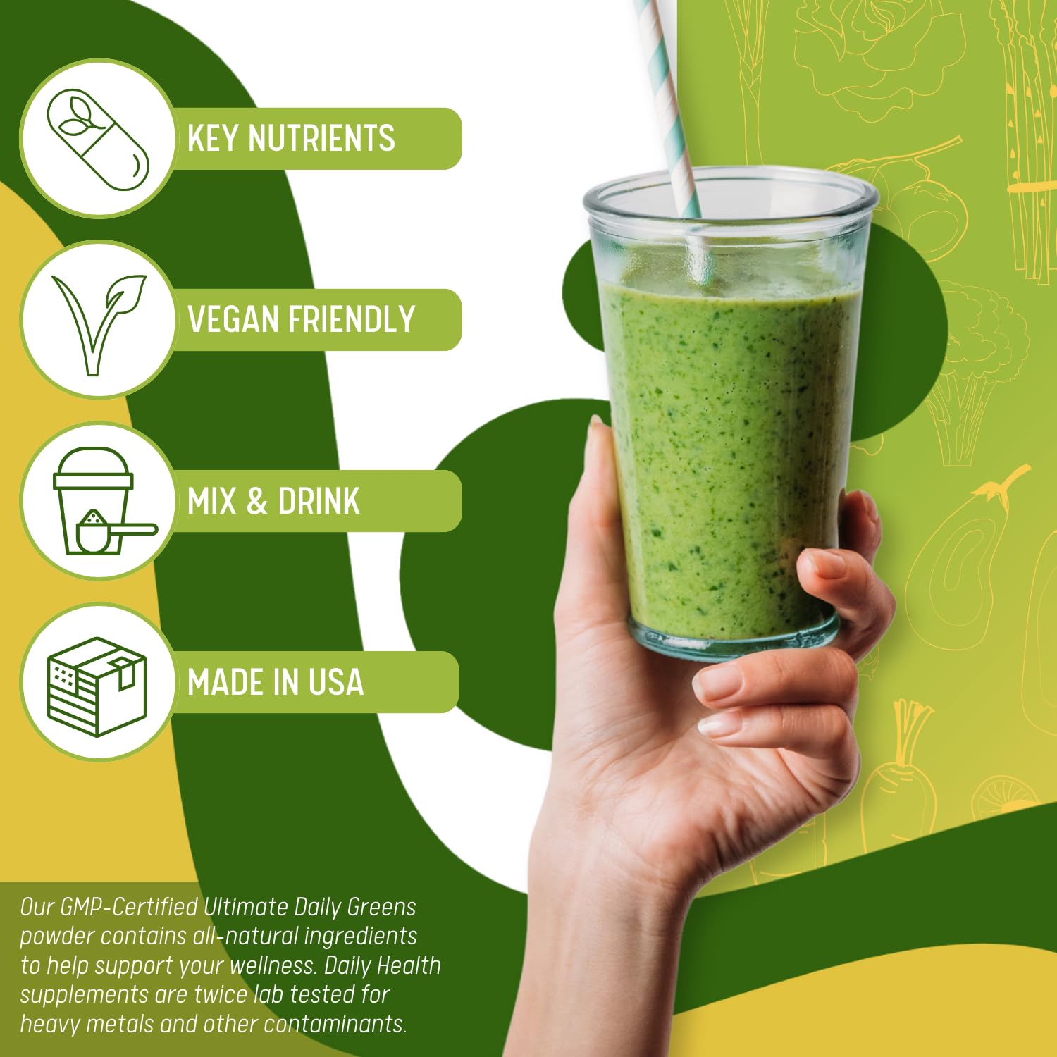 Daily Health Ultimate Greens no-GMO label, clean ingredients commitment.