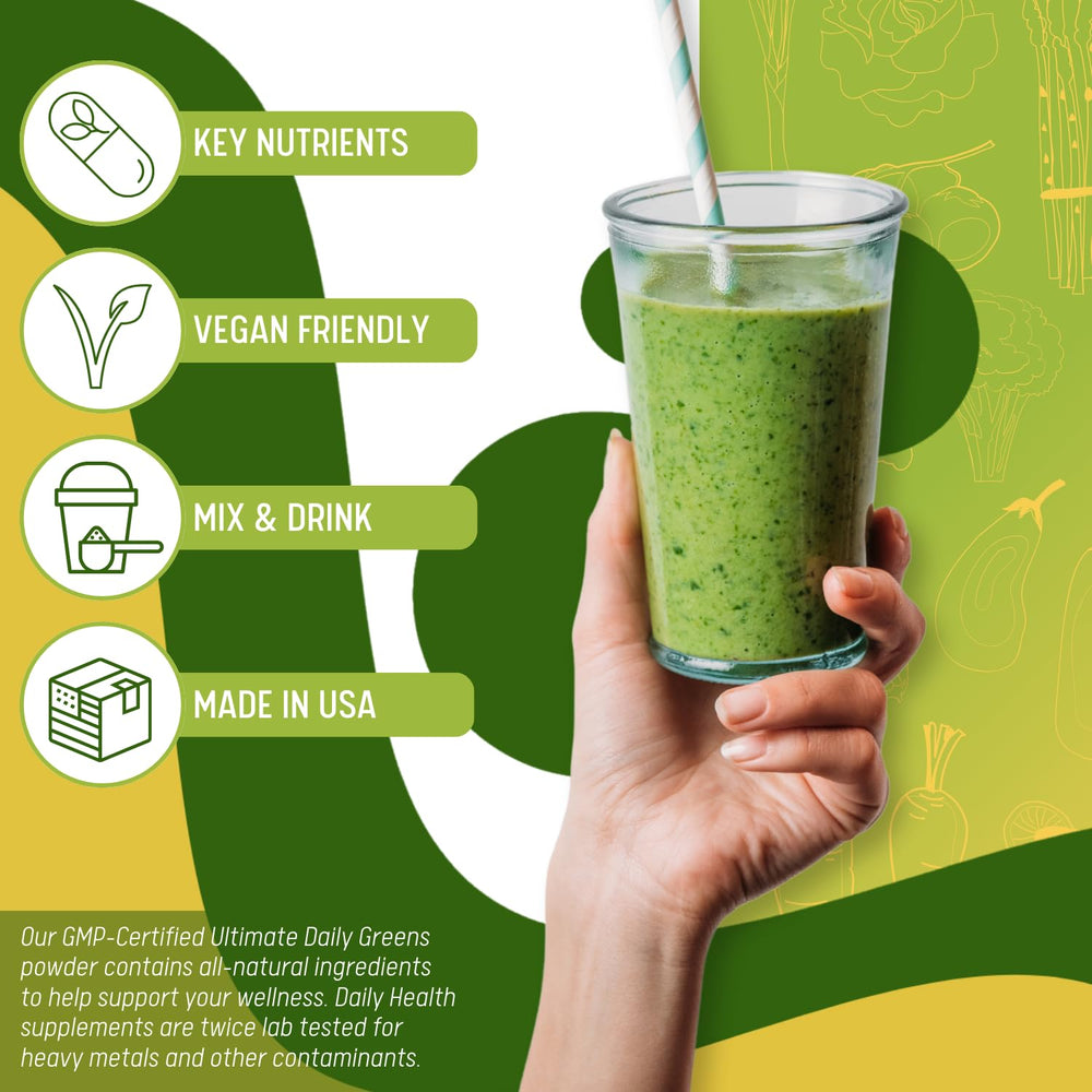 Daily Health Ultimate Greens no-GMO label, clean ingredients commitment.