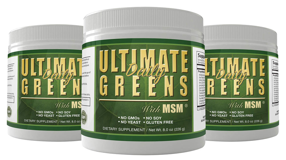 Daily Health Ultimate Greens powder tub, vegan blend for daily wellness.