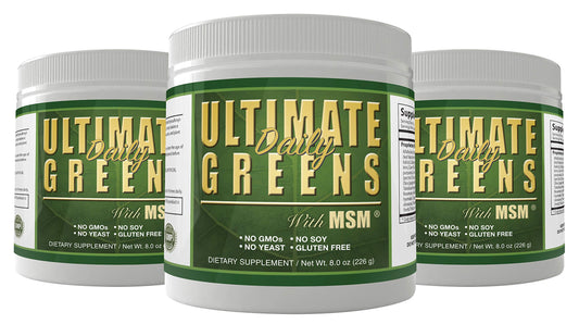 Daily Health Ultimate Greens powder tub, vegan blend for daily wellness.