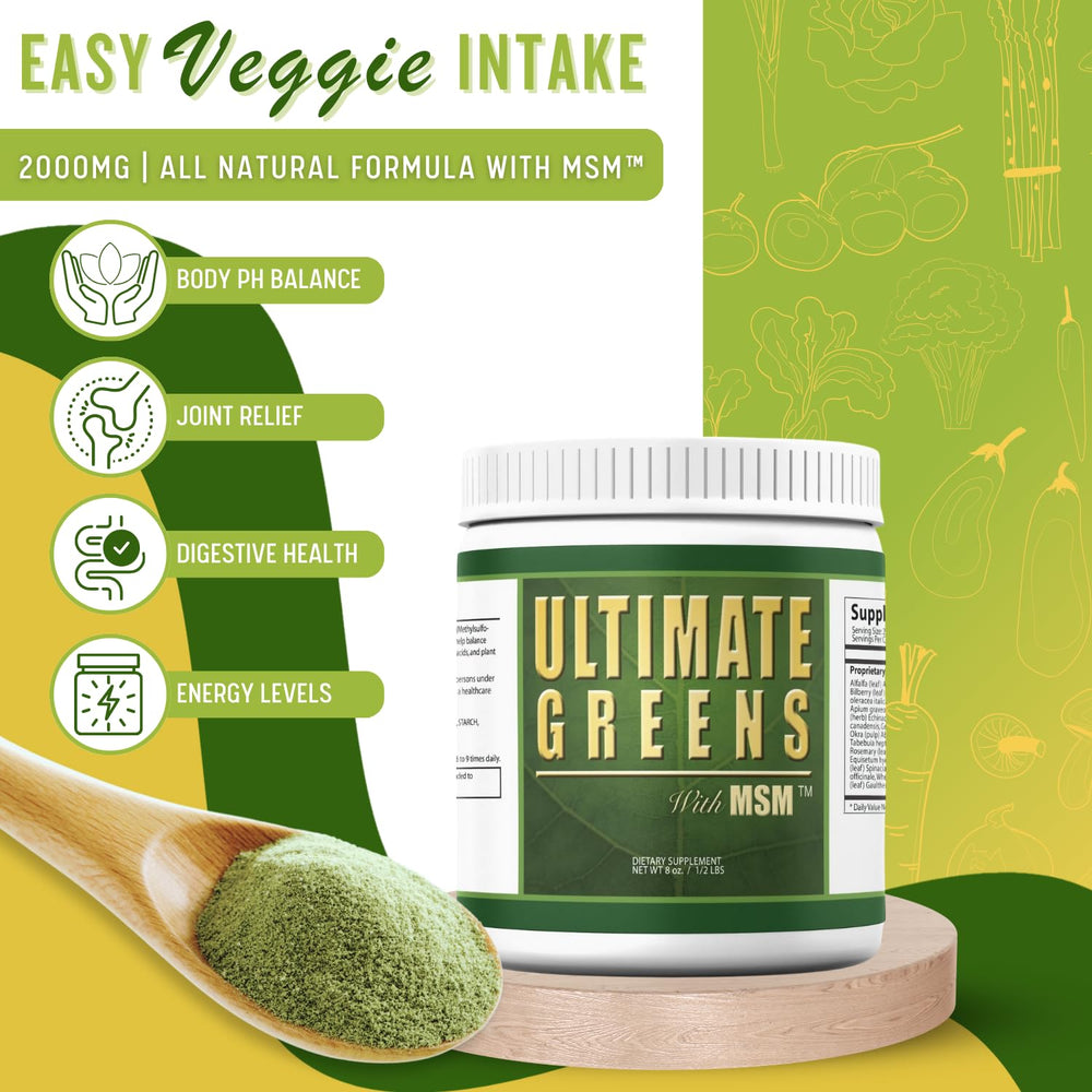 Daily Health Ultimate Greens scoop, easy daily serving to boost vegetable consumption.