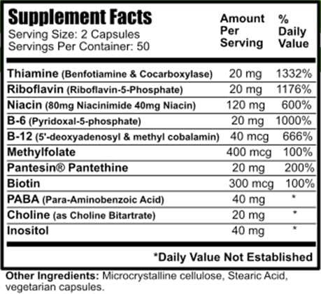 Daily Manufacturing Activated B-Complex capsules displayed for daily energy support.