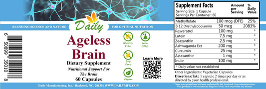 Ageless Brain capsules close-up showing methylfolate and B12 for daily support.