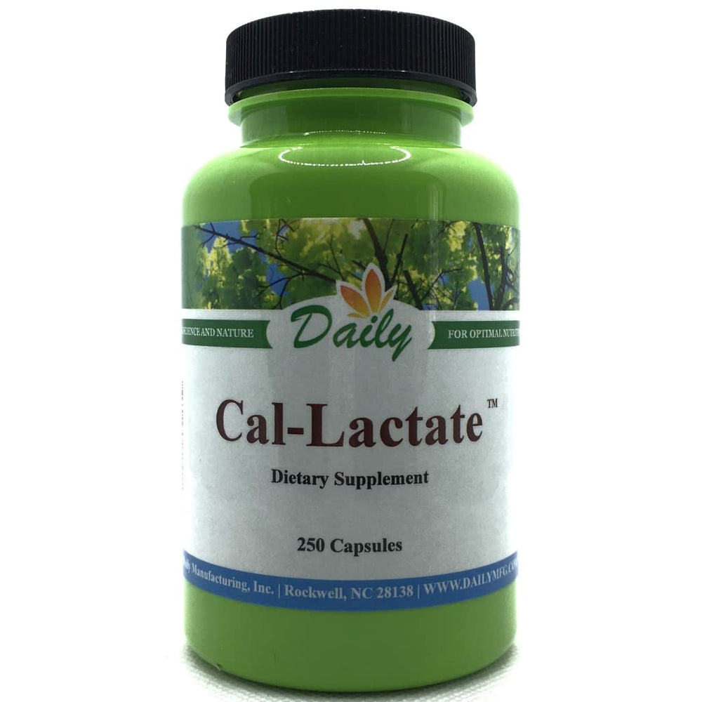 Daily Manufacturing Calcium Lactate bottle front for daily mineral intake.