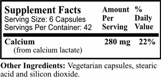 Daily Manufacturing Calcium Lactate capsules closeup highlighting vegan, kosher status.