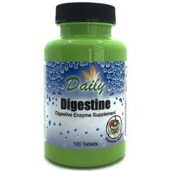 Daily Manufacturing Digestine bottle with enteric-coated pancreatin for small intestine enzyme release.