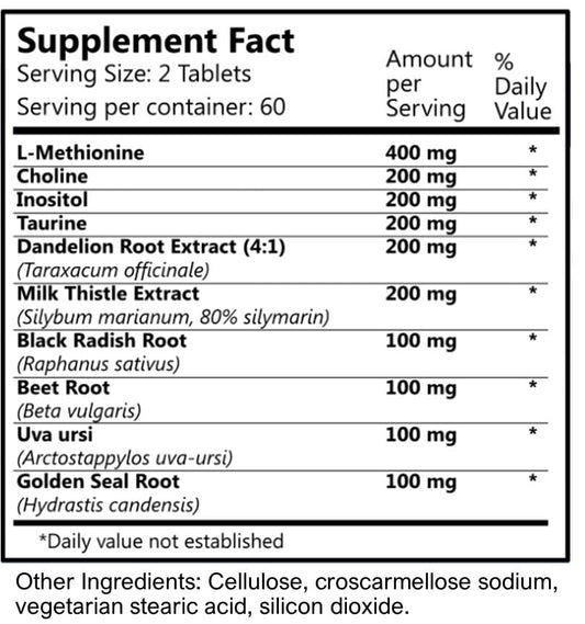 Liva-Vite tablets close-up showing methionine and botanical extracts