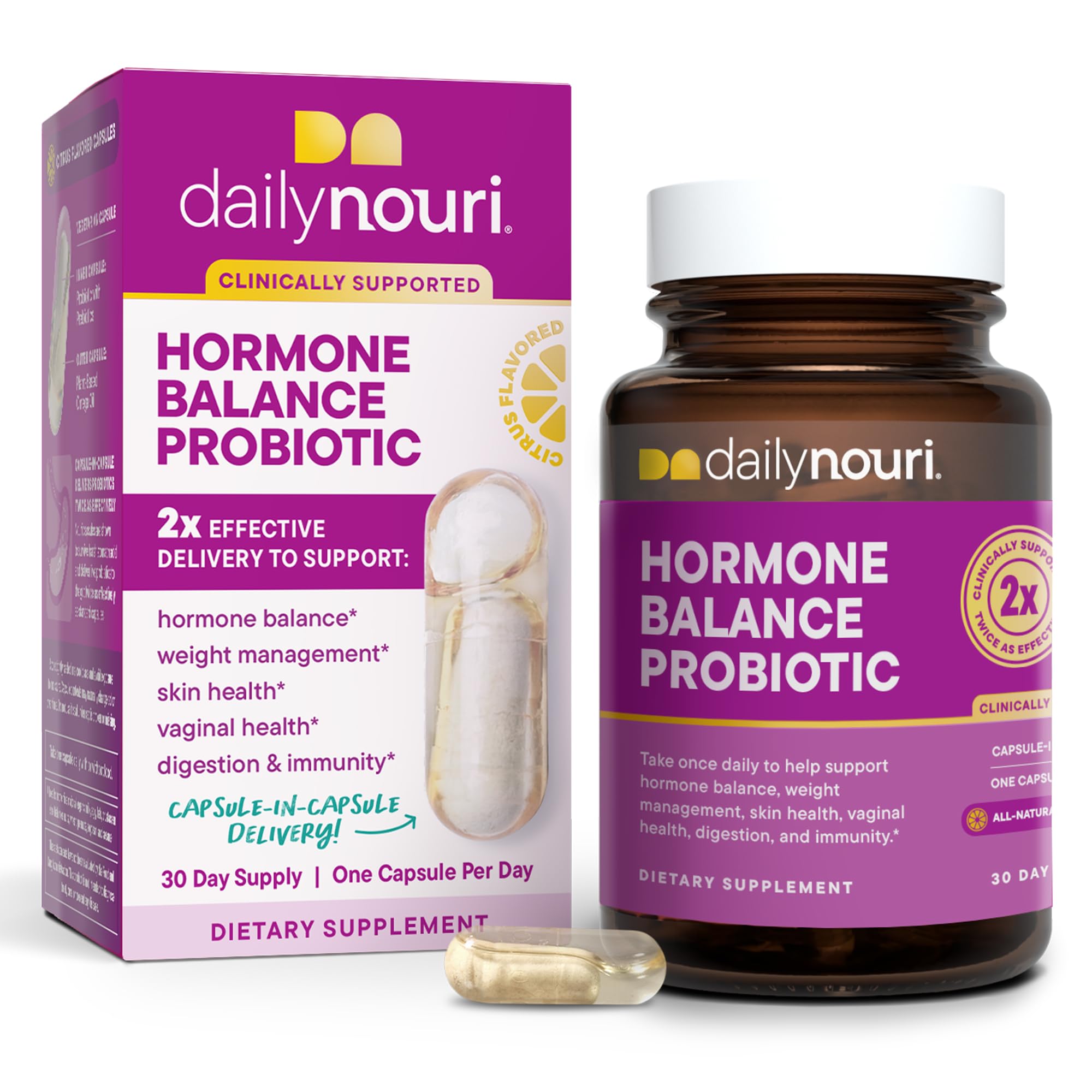 Daily Nouri Hormone Balance Probiotics bottle displays 7 strains for gut and vaginal health