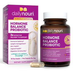 Daily Nouri Hormone Balance Probiotics bottle displays 7 strains for gut and vaginal health