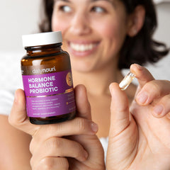 Daily Nouri Hormone Balance Probiotics capsules close-up inside capsule design for deeper gut reach