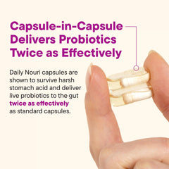 Daily Nouri Hormone Balance Probiotics packaging highlights vegan and non-GMO features