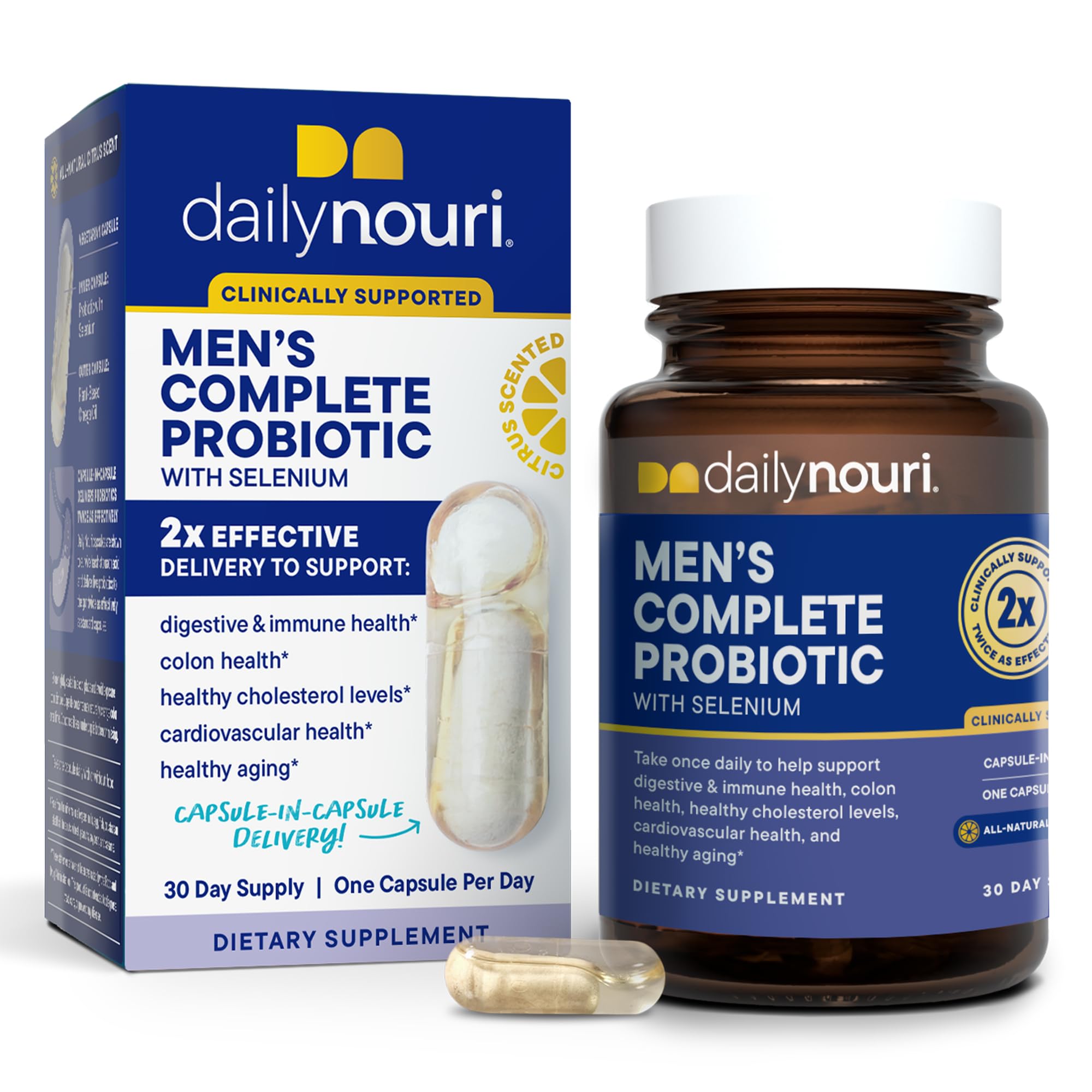 Daily Nouri Probiotics for Men bottle front promotes daily digestive balance.