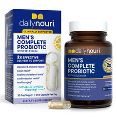 Daily Nouri Probiotics for Men bottle front promotes daily digestive balance.
