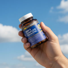 Daily Nouri Probiotics for Men made in USA badge signals quality.