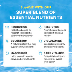 StayWell colostrum and L-glutamine sachet suggesting digestive and immune nourishment.