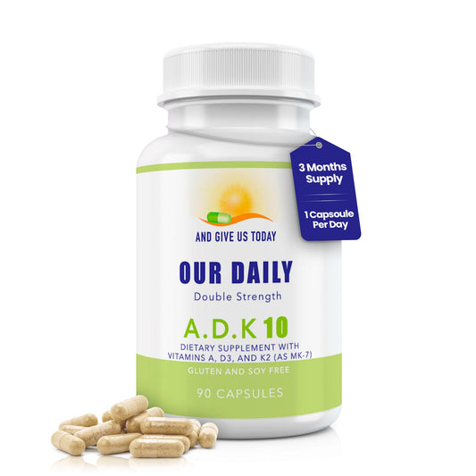 Daily Vites ADK10 bottle front view highlights high-potency vitamins for bone and immune support.
