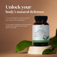 Daily wellness routine with Inner Defense softgels and water.