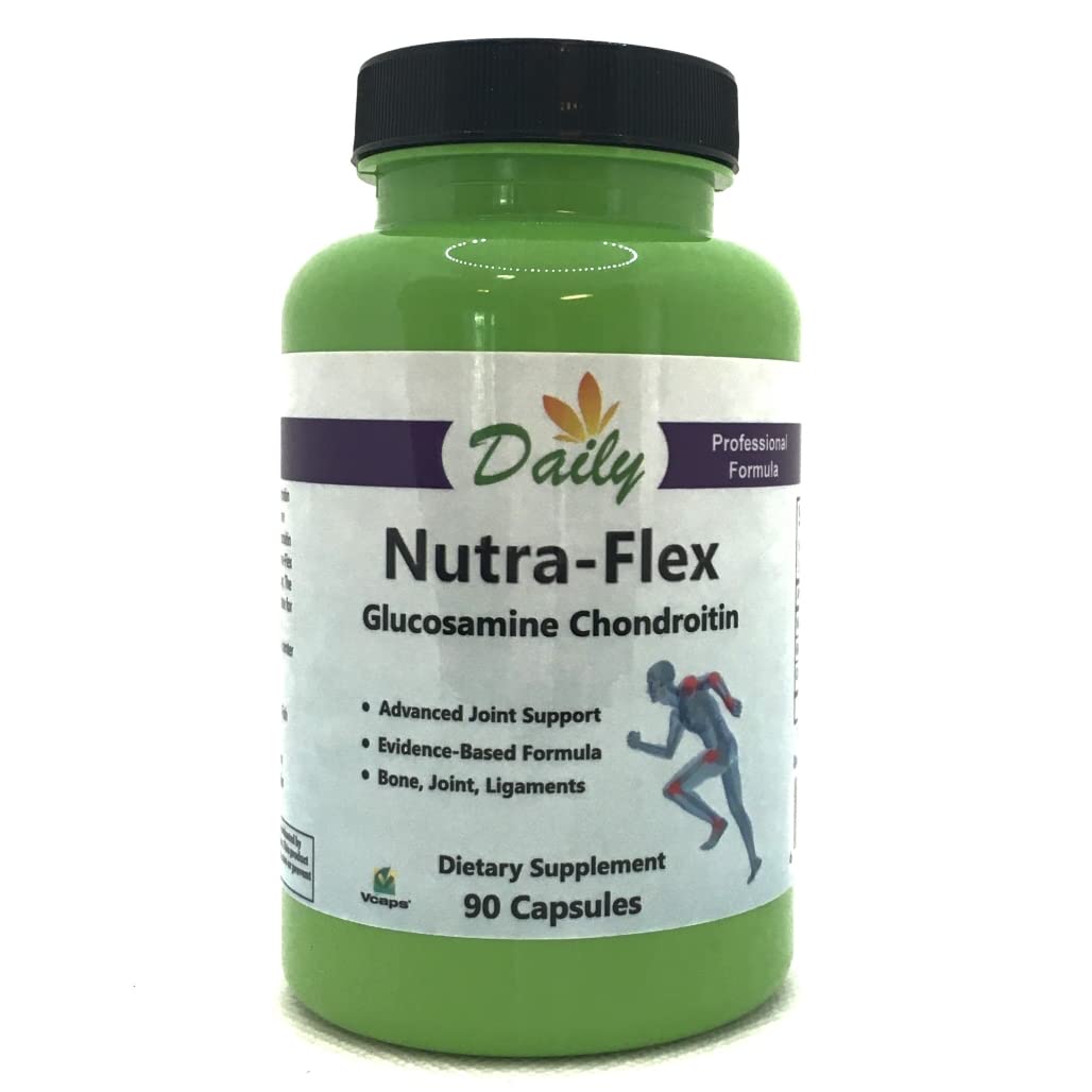 Daily Manufacturing Nutra-Flex bottle shows glucosamine and chondroitin for joint support possibilities.