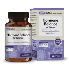 DailyNutra Hormone Balance capsules shown in bottle for daily mood and menstrual support.