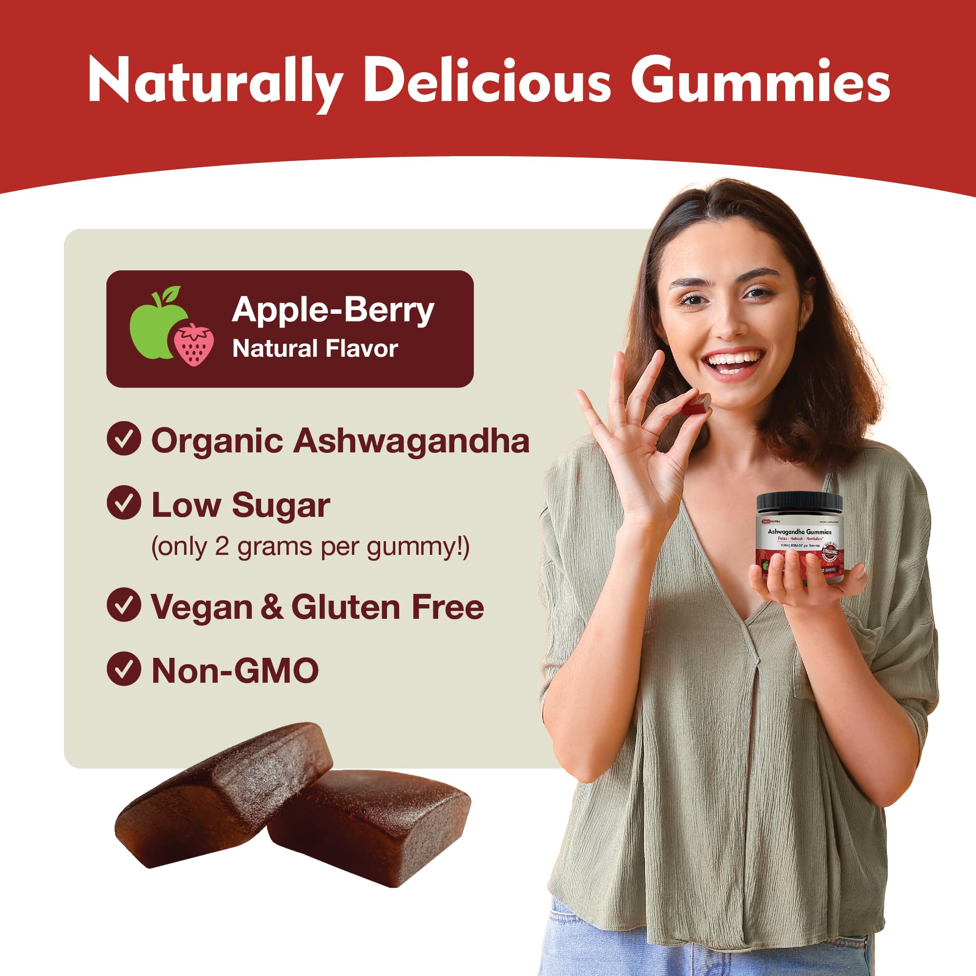 Close-up of DailyNutra gummies highlighting organic roots for daily wellness.