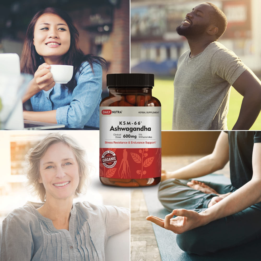 DailyNutra KSM-66 Ashwagandha supplement science closeup signals study-backed formulation.