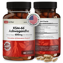 DailyNutra KSM-66 Ashwagandha bottle front supports daily relaxation and focus.